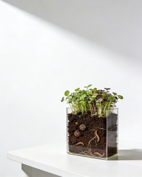 Transparent glass terrarium with microgreens and earthworms in soil on white background