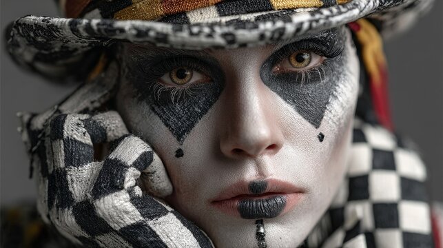 Ultra realistic female Mad Hatter with white face, black lips and eyes makeup, wearing black and white harlequin suit and top hat, dramatic theatrical costume, fantasy character concept