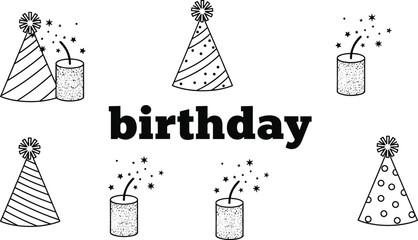 birthday, celebration, party, hats, poppers, typography, illustration, vector, design, festive, decoration, icon, symbol, event, holiday, joy, fun, art, concept, graphic, style