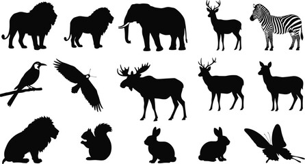 Black animal silhouettes collection including lion, elephant, deer, zebra, bird, squirrel, rabbit, butterfly, moose, isolated on white background for nature and wildlife.