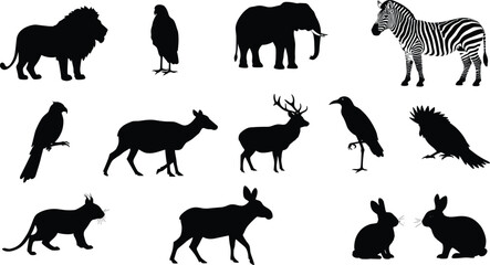 Naklejka premium Black animal silhouettes including lion, elephant, zebra, deer, parrot, moose, rabbit, and wild cat, isolated on white background for wildlife concept.