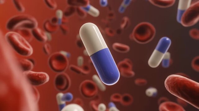 Medical capsules and red blood cells circulating in a biological fluid.