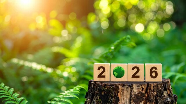 2026 block new year calendar wooden planning future time strategy beginning resolution transition change start hopeful nature scene sunlight greenery green forest environmental inspiration