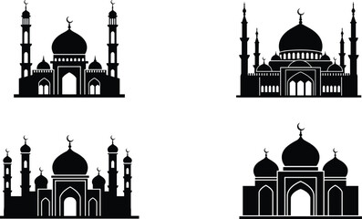 Black mosque silhouette illustration set, Islamic architecture vector, Ramadan Eid mosque clipart, Muslim religious building design, crescent dome icon