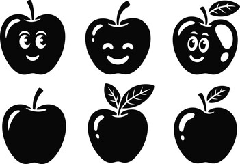 Black apple silhouettes, cute apple faces, vector fruit icons, minimal apple design, apple clipart set, fruit outline art, apple logo illustration pack, healthy food graphic