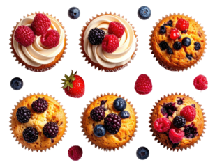 Overhead shot of six frosted cupcakes with scattered berries on black