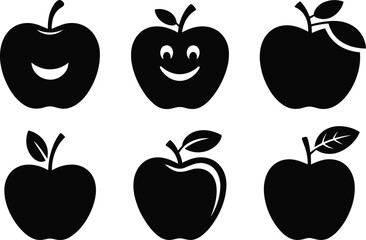 Black apple silhouettes, vector fruit icons, cute apple faces, minimal apple design, apple clipart set, fruit outline art, apple logo illustration pack, healthy food graphic