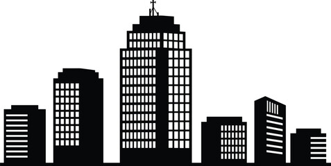 Black city skyline silhouette vector, urban architecture illustration, modern high-rise buildings design, downtown cityscape graphic, real estate development icon © Nur-Nobin Creations