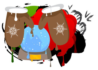 Mitten Glove and Snow Globe graffiti. Abstract modern street art decoration performed in urban painting style.
