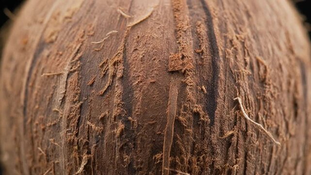 Detailed close-up reveals the rugged, natural texture of a coconut husk, highlighting its intricate fibrous surface and earthy brown patterns, symbolizing tropical organic materials