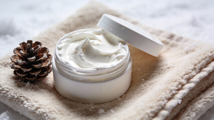 Winter skincare cream with pine cone on a soft fabric background  