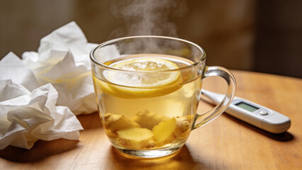 Warm Ginger Lemon Tea with Tissues on Wooden Table  