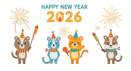 set of funny animals new year with fireworks