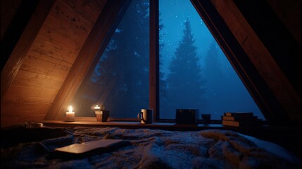 Fototapeta premium Quiet Attic Bedroom with Warm Lamp and Forest View