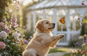 Golden retriever puppy and butterfly in a floral garden. Playful funny animals 