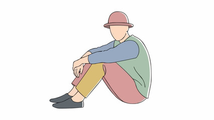 Man Sitting Down Wearing a Hat and Colorful Clothes.
