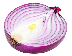 Sliced red onion half revealing concentric layers and a creamy white core against white background