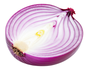 Sliced red onion half revealing concentric layers and a creamy white core against white background