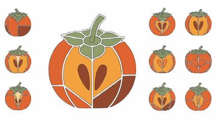 Stylized Persimmon Fruit Collection with Detailed Cross Sections.