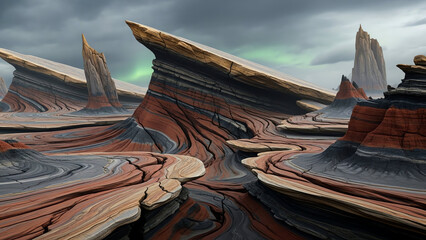 Rocky Layered Landforms in Desert Landscape