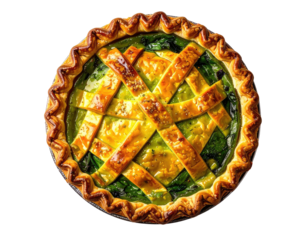 Overhead shot of golden-crusted savory pie with lattice topping and green filling
