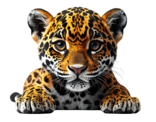 Adorable jaguar cub peering forward, showcasing its unique spotted coat