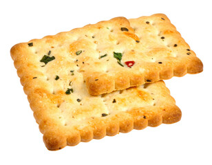 Two savory crackers with herbs and spices stacked on a white background
