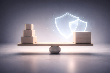 A conceptual image of a wooden balance scale with stacked boxes on one side and a single box with glowing security shields on the other, symbolizing protection and equilibrium.