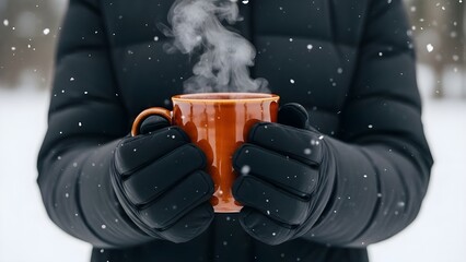Hands in gloves holding a steaming mug in a snowy winter landscape.