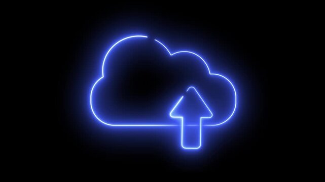 Neon light effect animation of a virtual cloud icon with a file upload arrow