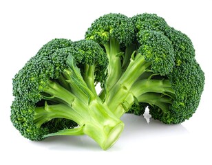 Fresh broccoli florets isolated on white background close up studio shot