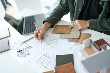 Architecture interior Asianman Creative project plan designer home and Choose interior materials  drawing interior on blueprint.