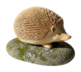 Wooden hedgehog sculpture on stone nature artistic display isolated on transparent background