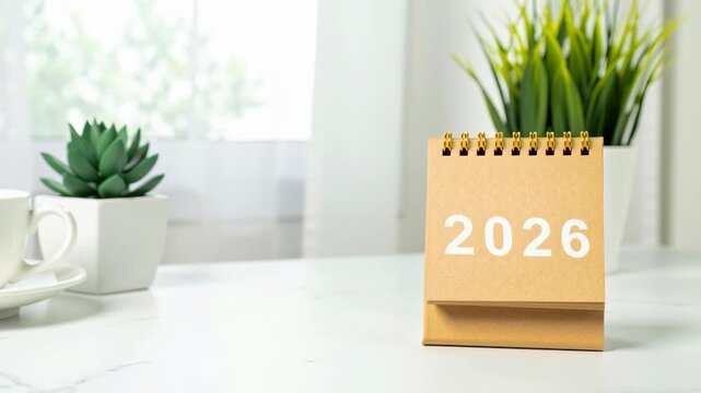 2026 calendar planner schedule agenda business time organization date diary book management strategy goal bright desk with plant and cup conveying productive focused mood bright desk with potted
