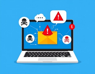Laptop screen showing email with alerts and skull icons, on a blue background