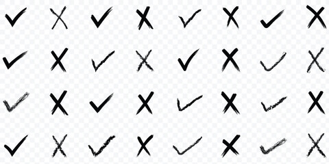 Hand drawn check mark icon set. tick, cross signs for checkbox, checklist, v and x in sketch doodle brush marker checklist symbol. grunge brush style vector illustration.