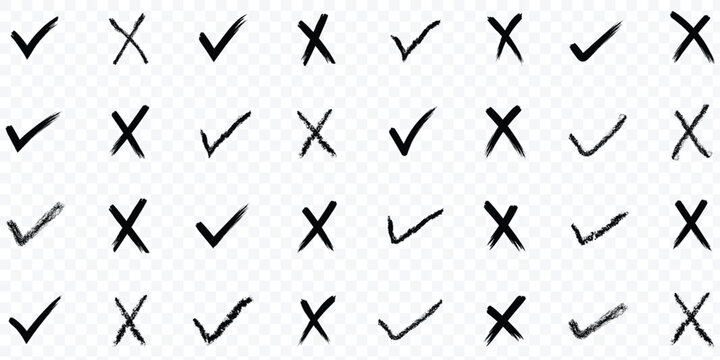 Hand drawn check mark icon set. tick, cross signs for checkbox, checklist, v and x in sketch doodle brush marker checklist symbol. grunge brush style vector illustration.
