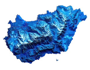 3D-rendered topographical map of a European nation in shades of blue