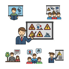 A comprehensive illustration set depicting various educational and safety training activities, including a teacher explaining warning signs and groups engaged in learning and discussion.