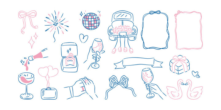 Hand drawn doodle collection of wedding and engagement elements in blue and pink. Perfect for invitations and romantic designs.