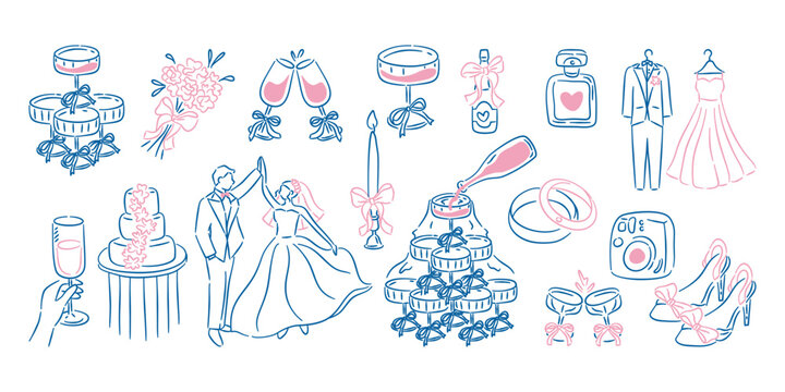 Hand drawn doodle collection of wedding party elements in blue and pink. Includes dancing couple, cake, champagne tower, dress, and suit.