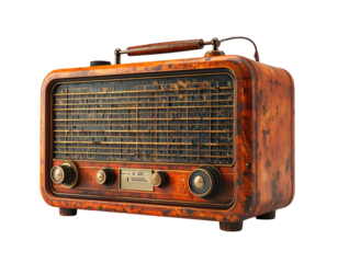 Aged, vintage radio with knobs, speaker grill, and carry handle