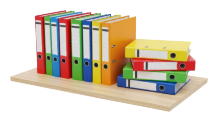 Organizing colorful binders for office efficiency workspace isolated on transparent background