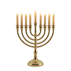 Fototapeta premium Menorah with burning candles isolated on background.