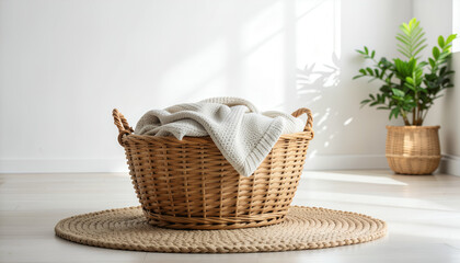 Fototapeta premium Wicker basket with cozy blanket in bright minimalist interior