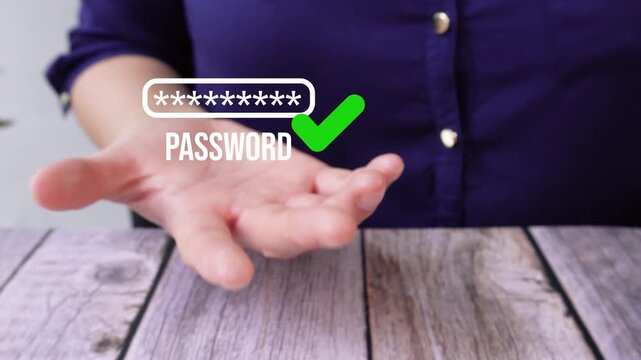 A woman holds up an animation of a correct password being typed.