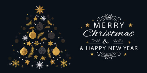 A festive christmas tree design with golden ornaments and a new year greeting