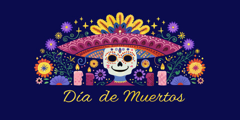 Colorful d a de muertos skull and floral design with traditional decorations