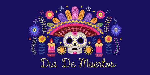 Colorful dia de muertos skull with flowers and candles traditional mexican design
