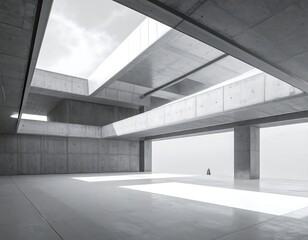 Modern architectural interior with geometric concrete structures and light